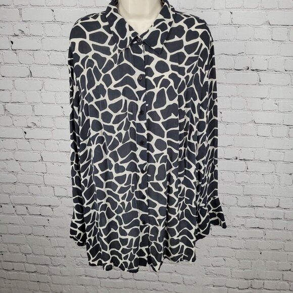 INC Black 100% Silk Animal Print Button Up Long Sleeve Blouse Shirt Size 22W - Picture 1 of 14